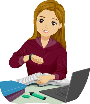 student checking watch studying at desk clip art preview