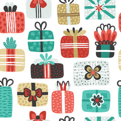 Seamless pattern with different textured gift boxes. Hand drawn elements. Background with holiday design. Freehand style. Doodle. Wallpaper, textiles, wrapping, card, print on clothes. Vector eps10