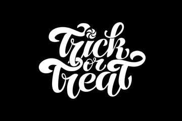 Trick or treat. text for party invitation, greeting card, banner. Handwritten holiday calligraphy poster, badge template. Lettering typography halloween illustration on isolated background.