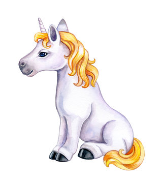 Unicorn with a golden mane isolated on a white background. Character cartoon playful unicorn. Watercolor. Illustration. Template. Hand drawing. Clipart. Close-up