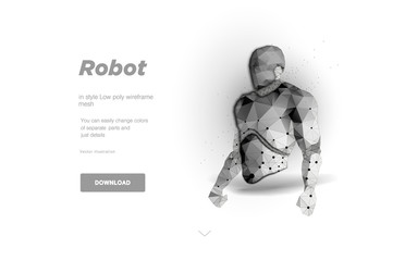 Robot body low poly art illustration. Consept for chat bot or cyborg security or big data. oncept for poster. Polygonal space low poly with connected dots and polygon lines.3D vector wireframe mesh