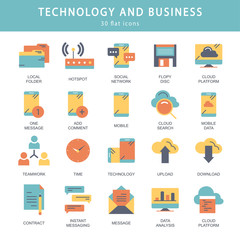 Business and marketing, programming, data management, internet connection, social network, computing, information. Thin line blue icons set. Flat vector illustration