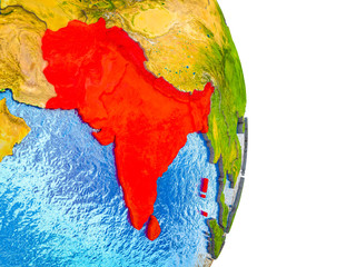 SAARC memeber states on 3D model of Earth with divided countries and blue oceans.