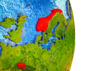EFTA countries on 3D model of Earth with divided countries and blue oceans.