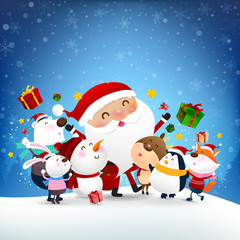 Christmas Snowman Santa claus and animal cartoon smile with snow falling background 002