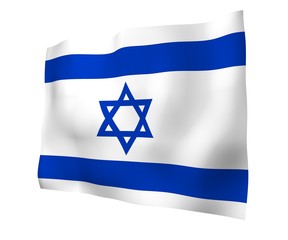 The flag of Israel. State symbol of the State of Israel. A blue Star of David between two horizontal blue stripes on a white field. 3d illustration