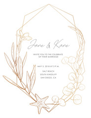 Wedding invitation card: flowers, leaves, ocean elements, isolated on white. Vector elegant sea card, gold background. Sketched floral branches, starfish, eucalyptus, algae, glitter geometric frame.
