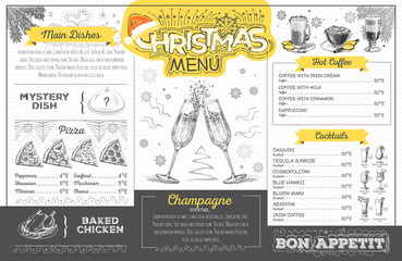 Naklejka premium Vintage holiday christmas menu design with champagne. Restaurant menu
