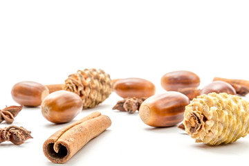 autumn composition with pine cones, cinnamon and acorns, autumn concept and christmas concept