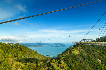 View of tropical island Langkawi and cable car in Malaysia, covered with tropical forests as seen...
