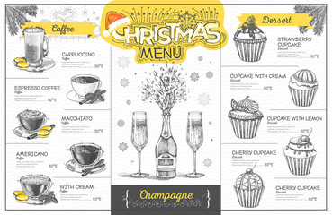 Fototapeta na wymiar Vintage holiday christmas menu design with champagne. Restaurant menu