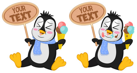 Cartoon penguin with ice cream. Penguin holds a sign and eats ice cream. Likes cold ice cream. Before and after. Smeared. Sitting. Isolated. Vector. Signboard. Logo, label, icon, sticker.