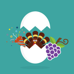 Thanksgiving turkey cartoon in cracked egg with confetti popper and bunch of grapes. Vector illustration