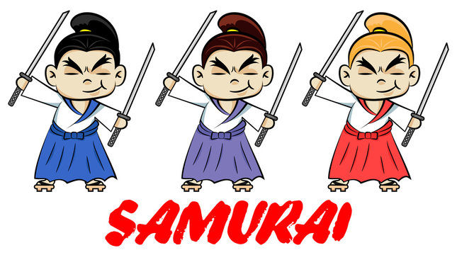 Funny chibi samurai with two katanas. Cute ninja samurai warrior fighter character in three color styles. Design for print, t-shirt, party decoration, icon, stcker, logotype. Cartoon character.