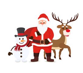 Vector cartoon Santa Claus, snowman and reindeers. Christmas card