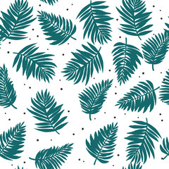 Turquoise and green tropical leaves. Seamless graphic design with amazing palms. Fashion, interior, wrapping, packaging suitable. Floral jungle background. Summer nature print.