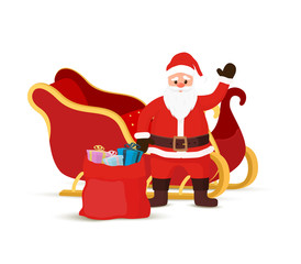 Vector cartoon sleigh with Santa Claus, gift bag