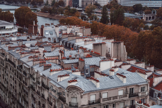 Paris rooftops. Beautiful view of the rooftops and Seine of Paris on a automnal day