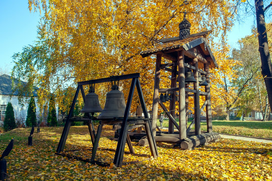 Old church bells of belfry of andronikov monastery in sunny autumn day. Moscow