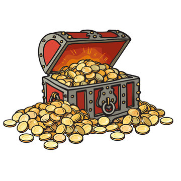 recommend clip art: Old chest with gold coins. Piles of coins around. Cartoon style hand drawn vector illustration.