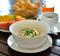 Traditional chinese porridge rice gruel in bowl, congee