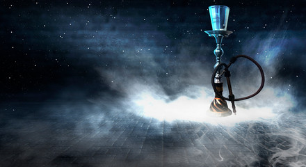 Hookah smoking on a dark concrete background, neon light, smog, night, rays