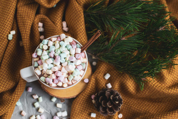 White Cup of Hot Chocolate, Yellow Plaid, Cone, Pine Branch, Fir Tree, Colorful Marshmallows, Winter,  Christmas