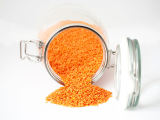 Glass jar of red lentils