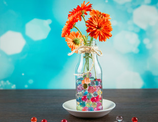 Water crystal gel or water beads is any gel which contains a large amount of water. Different color jelly water balls in flower vase, home decor concept. Blue bokeh background.
