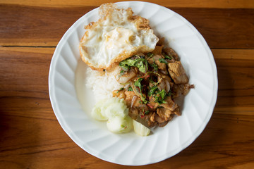 Fried basil leave with pork and Fried egg