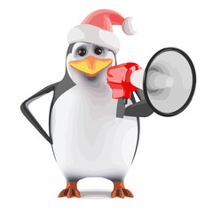 Vector 3d Santa penguin yells through a megaphone