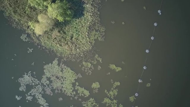 Seoul, South Korea-October, 28th 2018: Aerial view of beautiful monument mounted in a river with greenish water of a developed country shoot by drone camera