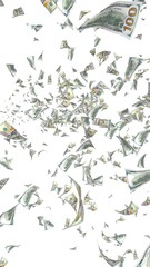 Flying dollars banknotes isolated on a white background. Money is flying in the air. 100 US banknotes new sample. 3D illustration