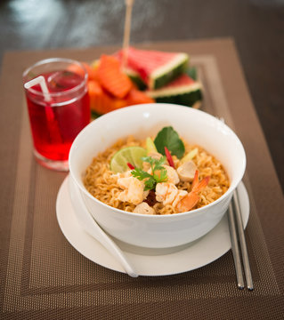 Egg Noodles Shrimp, sour prawn soup (Tom Yum Kung), Thai food