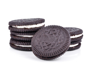 Chocolate cookies with cream isolated on white background.