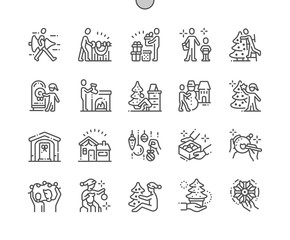 Family decorates the Christmas home Well-crafted Pixel Perfect Vector Thin Line Icons 30 2x Grid for Web Graphics and Apps. Simple Minimal Pictogram