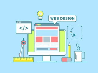 Web design concept template. Vector illustration, background light blue.