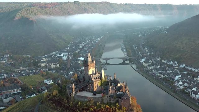Autumnal Aerial View of Cochem Town in Germany and the Castle Overlooking the River