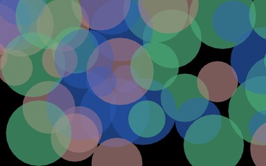 Multicolored translucent circles on a dark background. Green tones. 3D illustration