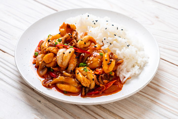 stir-fried octopus or squid and Korean spicy paste (osam bulgogi) with rice