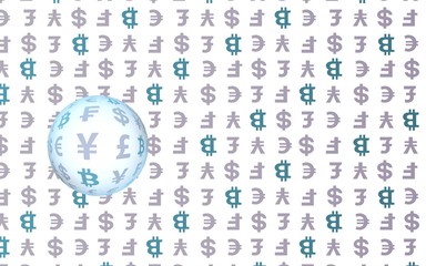 Bitcoin and currency on a white background. Digital crypto symbol. Currency bubble, wave effect, market fluctuations. Business concept. 3D illustration