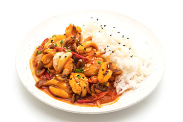 stir-fried octopus or squid and Korean spicy paste (osam bulgogi) with rice