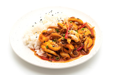 stir-fried octopus or squid and Korean spicy paste (osam bulgogi) with rice