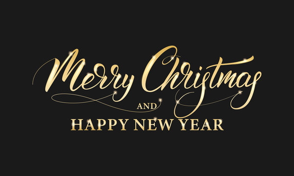 Merry Christmas and Happy New Year. Shiny gold lettering calligraphy for Winter holidays.