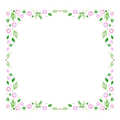 An overhead photo of colorful square frame made of fresh purple sliced onion with laurel bay leaves, parsley, dill and peppercorns isolated on white background. An edible vegetable pattern, top view.