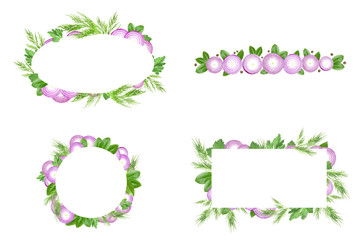 Set of vegetables and herbs frame template. Card design. Sliced purple onion, dill, parsley and laurel leaves border isolated on a white background. An edible design for eco cookery business.