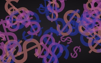 Multicolored translucent dollar signs on dark background. Red tones. 3D illustration