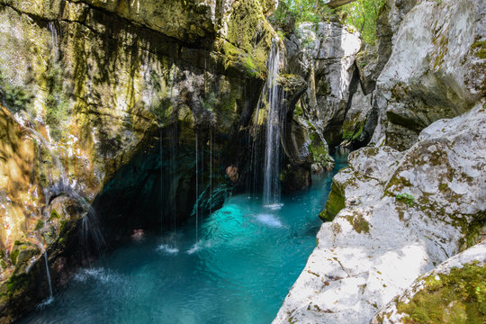 Just above Lepena Valley close to Bovec the Soča (Isonzo) River has carved 750 meters long gorge named Velika Korita. The gorge is completely narrow at some points up to 15 m deep.