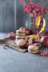 French cake Macaron with chocolate filling and autumn leaves and flowers