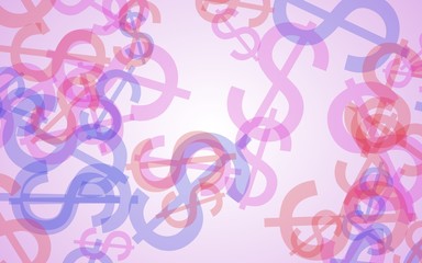 Multicolored translucent dollar signs on white background. Red tones. 3D illustration